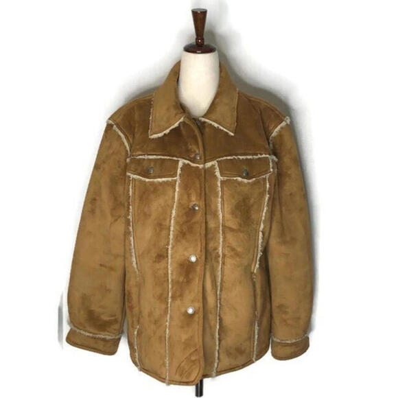 Back In The Saddle Jackets & Blazers - Vtg Back In The Saddle Brown Faux Suede Button Front Sherpa Lined Jacket L NWOT